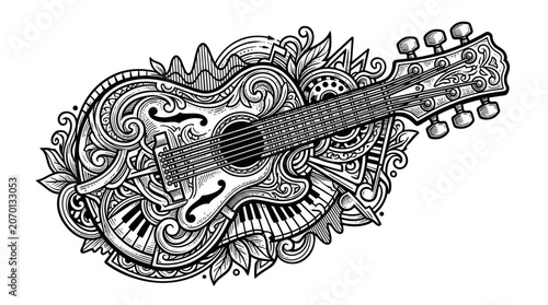 Canvas Print Ornate acoustic guitar with musical patterns and piano keys