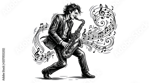 Photography Jazz musician playing saxophone with musical notes swirling around
