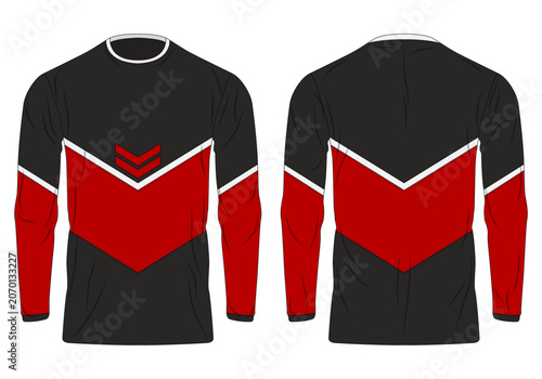 Long Sleeve Jersey Vector Template Mockup with Black and Red Chevron Pattern Style for Motocross Cycling and E-sports Uniform