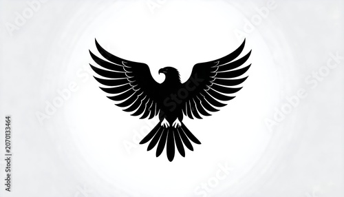 A stylized, monochromatic eagle with outstretched wings and sharp features, centered on a light, textured background