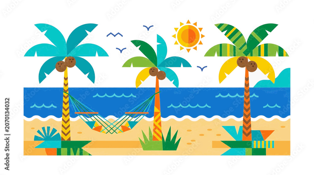 Obraz premium Vibrant Tropical Beach Scene with Palm Trees Hammock Sun and Ocean Waves in Flat Design Style