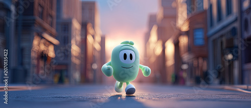 Cheerful 3D cartoon character walking confidently on a city street at sunrise, vibrant urban background, friendly mood, copy space.
