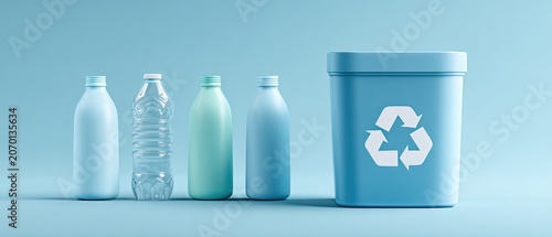 Various plastic bottles next to a blue recycling bin with a recycle symbol on a solid blue background, eco-friendly concept.