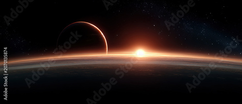 Stunning sunrise seen from the surface of an alien planet, featuring glowing horizon and a distant planet in space, perfect for sci-fi and futuristic themes.