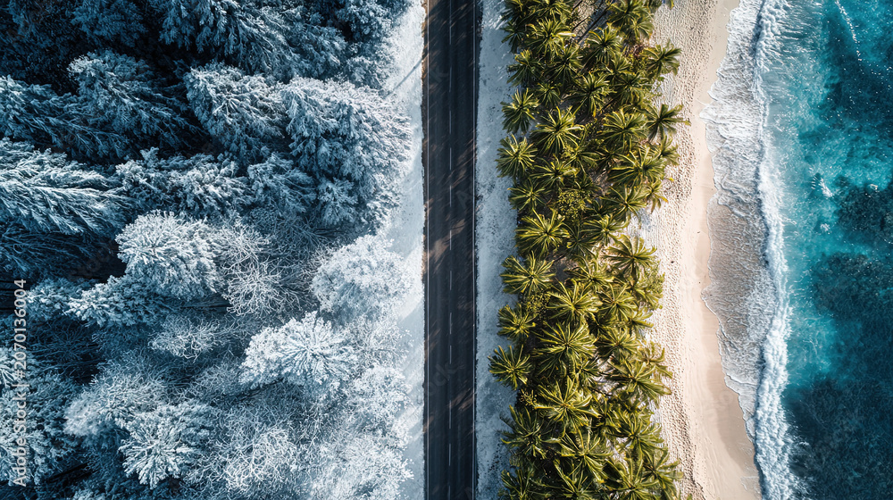 Naklejka premium Aerial view of road separating snowy forest and tropical beach, blending winter and summer landscapes in striking contrast.
