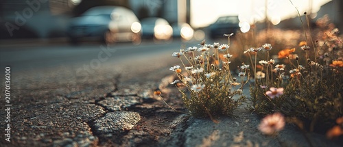Close-up of wildflowers blooming along an urban roadside at sunset, with cars blurred in the background, symbolizing nature in the city.