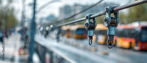 Close-up of steel cable and bolts with blurred city street and buses in background, showcasing urban infrastructure and transportation concepts.