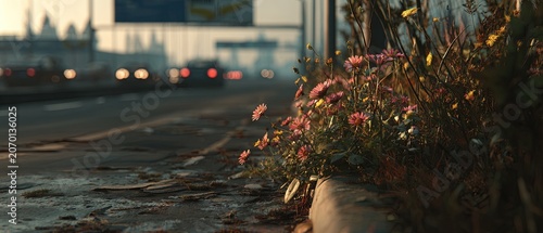 Vibrant wildflowers growing along an urban roadside with blurred city traffic in the background, symbolizing nature thriving in urban environments.