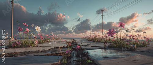 Delicate pink and white wildflowers flourish through cracked pavement under a dramatic sky, symbolizing resilience and beauty in urban nature.