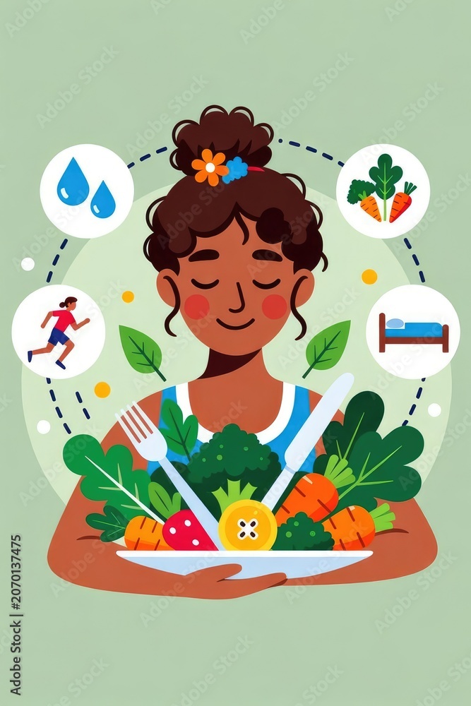 Fototapeta premium Healthy Lifestyle and Balanced Nutrition Concept – Flat Style Wellness Illustration