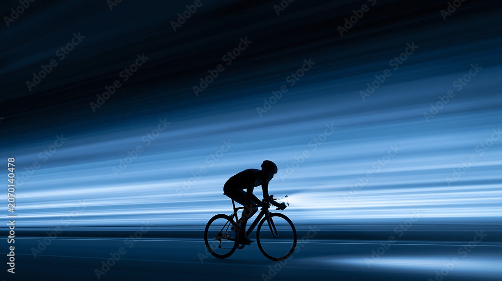 Fototapeta premium Cyclist Silhouette Riding Through Blue Light Trails