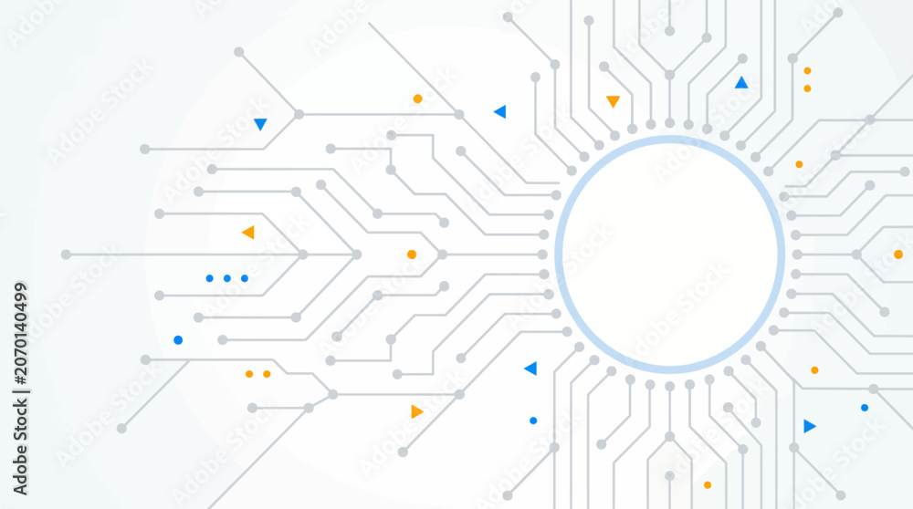 Obraz premium A futuristic circuit board design with a central circle and colorful dots is displayed.