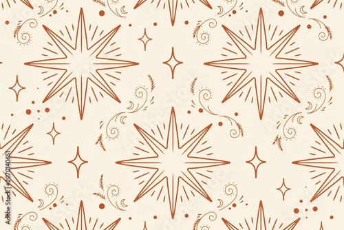 Seamless pattern featuring large eight pointed stars, small twinkling stars, and decorative swirling flourishes in dark red on a beige background