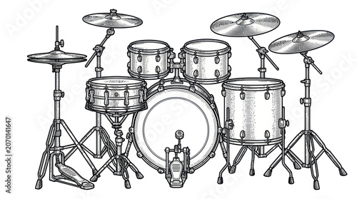 Sticker Drum kit set with cymbals and hardware in vintage line art style