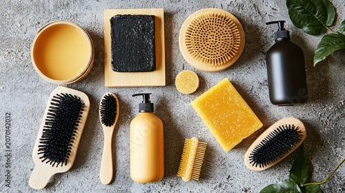 Flatlay of Environmentally Friendly Bathroom Items on Rock