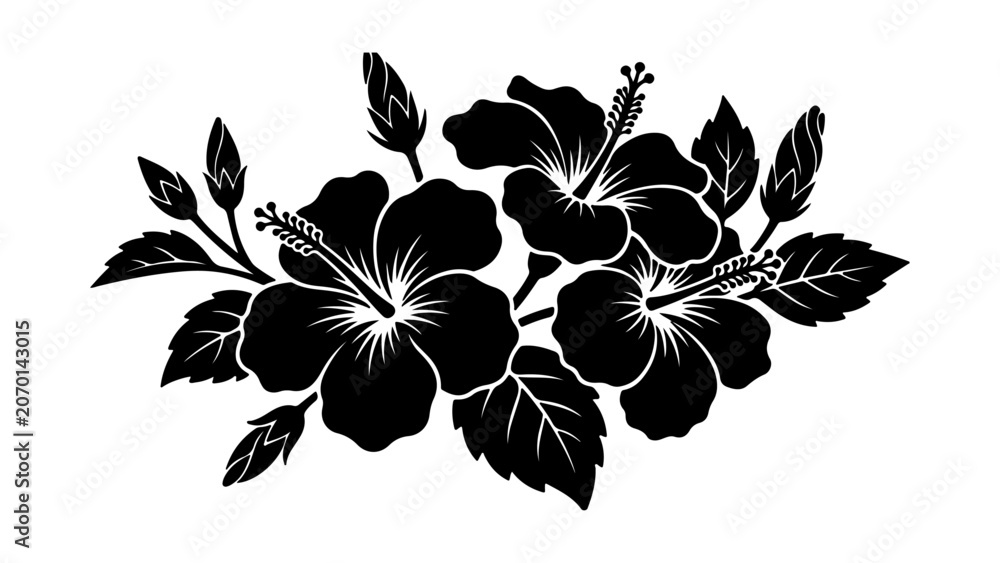 Obraz premium Black silhouette of tropical hibiscus flowers with green leaves and buds arranged in a decorative botanical branch design