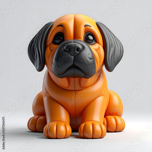 A stylized orange puppy with black ears and nose, captured from the front against a plain white background, presenting a glossy, 3D aesthetic