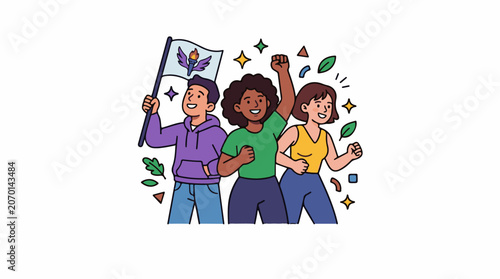 Three diverse people celebrating with a flag and confetti