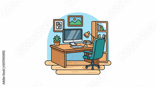 A computer on a desk with a chair, bookshelf, and plant nearby