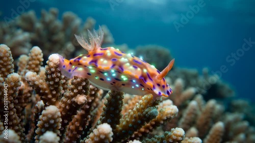 Colorful Nudibranch Moves Through Coral Reef in Clear Ocean Water