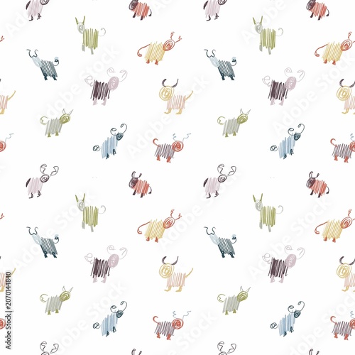Seamless hand-drawn goat pattern with colorful doodle animals on a white background. Cute whimsical farm animal illustration in a sketchy crayon style, perfect for children's textiles, wrapping paper,