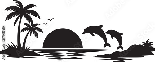 Black silhouette of dolphins jumping near tropical palm tree