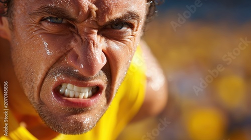 Marathon runner pushing forward with a strained grimace, sweat and exhaustion visible, cheering crowd in the background, endurance and injury-themed sports photography