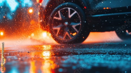 A car tire moves through a wet street, splashing water as it travels. Red brake lights glow while rain falls and creates spray in the air
