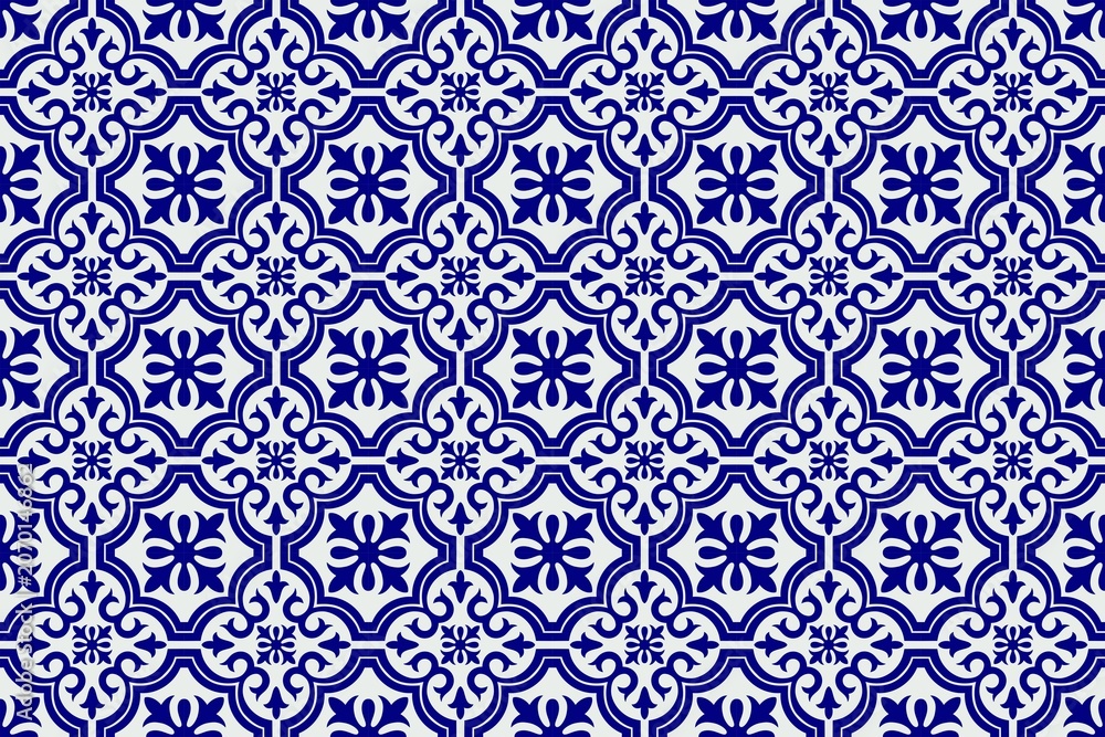 Fototapeta premium Seamless Blue and White Ornamental Ceramic Tile Pattern Motif for Background