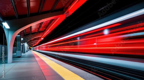 A modern subway train departs from an elevated station at night. Red and white light trails stretch into the dark as the train speeds away. The scene captures motion and energy