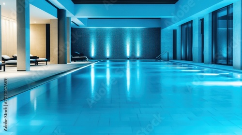 The indoor swimming pool is illuminated by blue lights. Water glows and reflects on the dark ceiling. The setting is simple and quiet, creating a relaxing mood