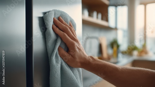 A man is cleaning the surface of a refrigerator door using a microfiber cloth. He is in a modern kitchen, and there is plenty of natural light coming in