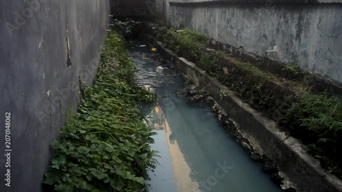 Polluted Narrow Concrete Drainage Canal With Stagnant Water And Green Overgrown Wild Vegetation