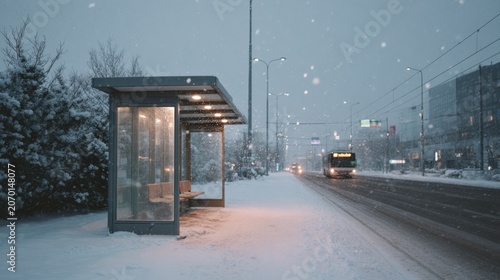 A bus stop shelter stands covered in snow as a city bus approaches through light snowfall. The scene shows a quiet winter atmosphere with soft daylight
