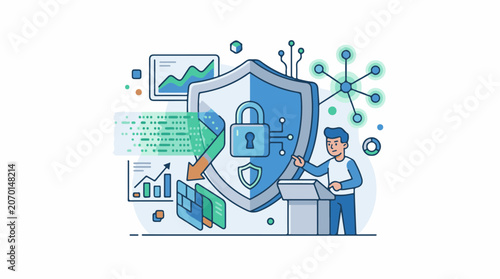 A blue shield with a padlock surrounded by a man and various graphs