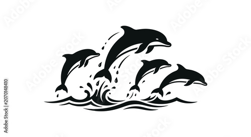 Photography Jumping dolphins and waves in black silhouette marine ocean sea