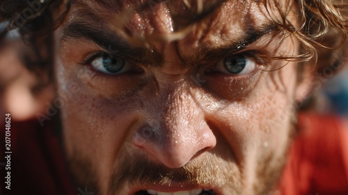 Marathon runner pushing forward with a strained grimace, sweat and exhaustion visible, cheering crowd in the background, endurance and injury-themed sports photography