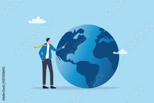World economics worldwide international business, oversea trade network industry, global diplomacy, commerce or distribution, businessman pointing presentation on global world opportunity supply.