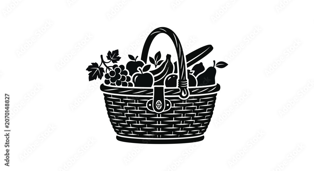 Obraz premium Fruit basket with apples grapes and pears black silhouette wicker