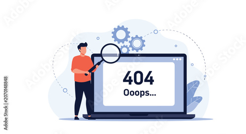 Web developer inspecting a laptop screen displaying a 404 page error using a giant magnifying glass to debug.