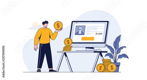 Digital artist or investor presenting his digital NFT artwork on a computer screen next to stacks of gold coins.