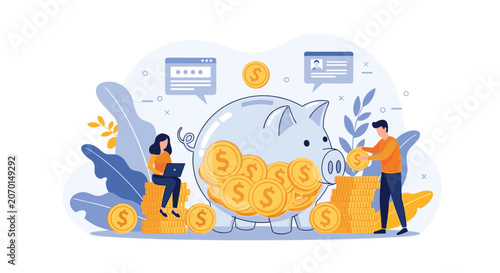 Young creative couple storing their golden coins inside a giant glass piggy bank to save money for the future.