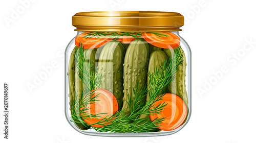 Obraz na plátne Glass jar filled with pickles dill and carrot slices, isolated on transparent ba