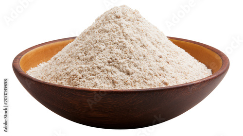 Cuadro en lienzo Heap of whole wheat flour in a rustic wooden bowl, isolated on transparent backg