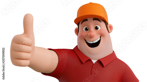 Fotografie Happy cartoon man in red shirt and orange cap giving thumbs up, isolated on tran