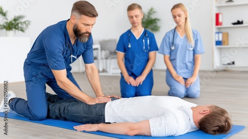 Medical team assisting injured athlete during recovery training in a professional rehabilitation center, warm supportive atmosphere and sports therapy concept