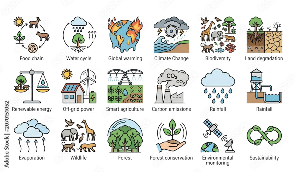 Fototapeta premium Ecosystem Thin Line Icons Set with Food Chain Water Cycle and Global Warming Symbols Vector Illustration