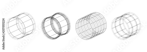 Φωτογραφία Four 3D wireframe cylinders with progressive line density, abstract geometric il