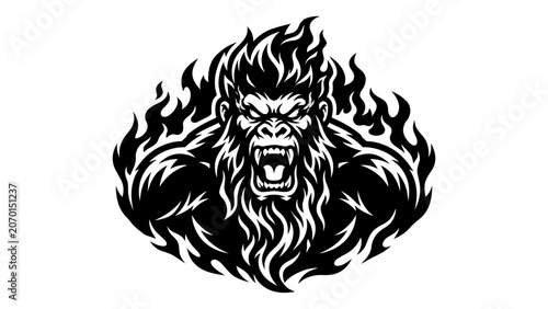 Canvas Print Gorilla head mascot logo with flaming hair in black and white vector style