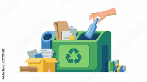A hand depositing a blue bottle into a recycling bin